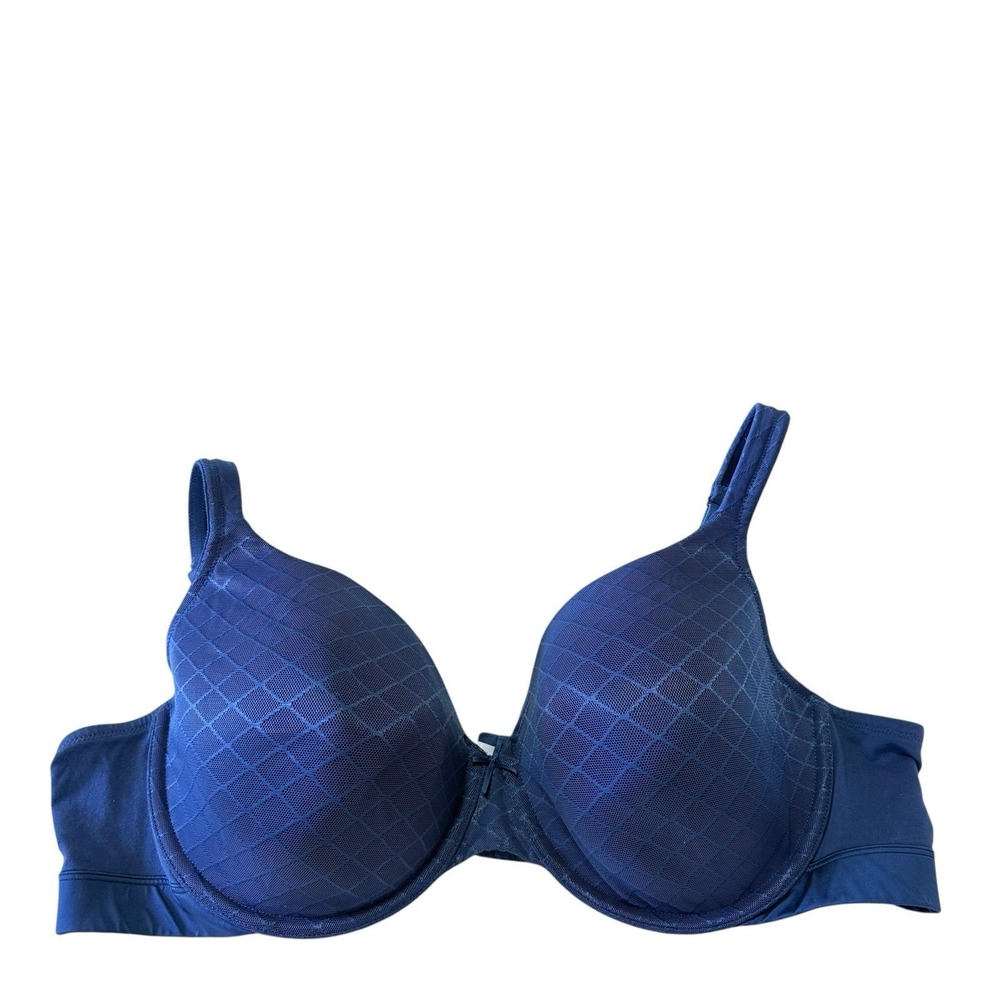 Cacique 46D Lightly Lined T Shirt‎ Bra Blue Diamond Mesh Overlay Underwire Bow